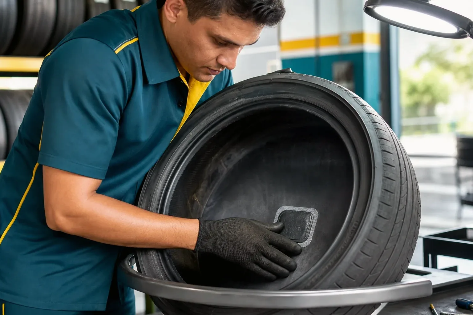 Profissional consertando um pneu em Guarujá.